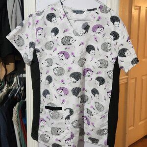 Size L Black and White Colorblock Scrub Shirt with Purple and Black Hedgehogs